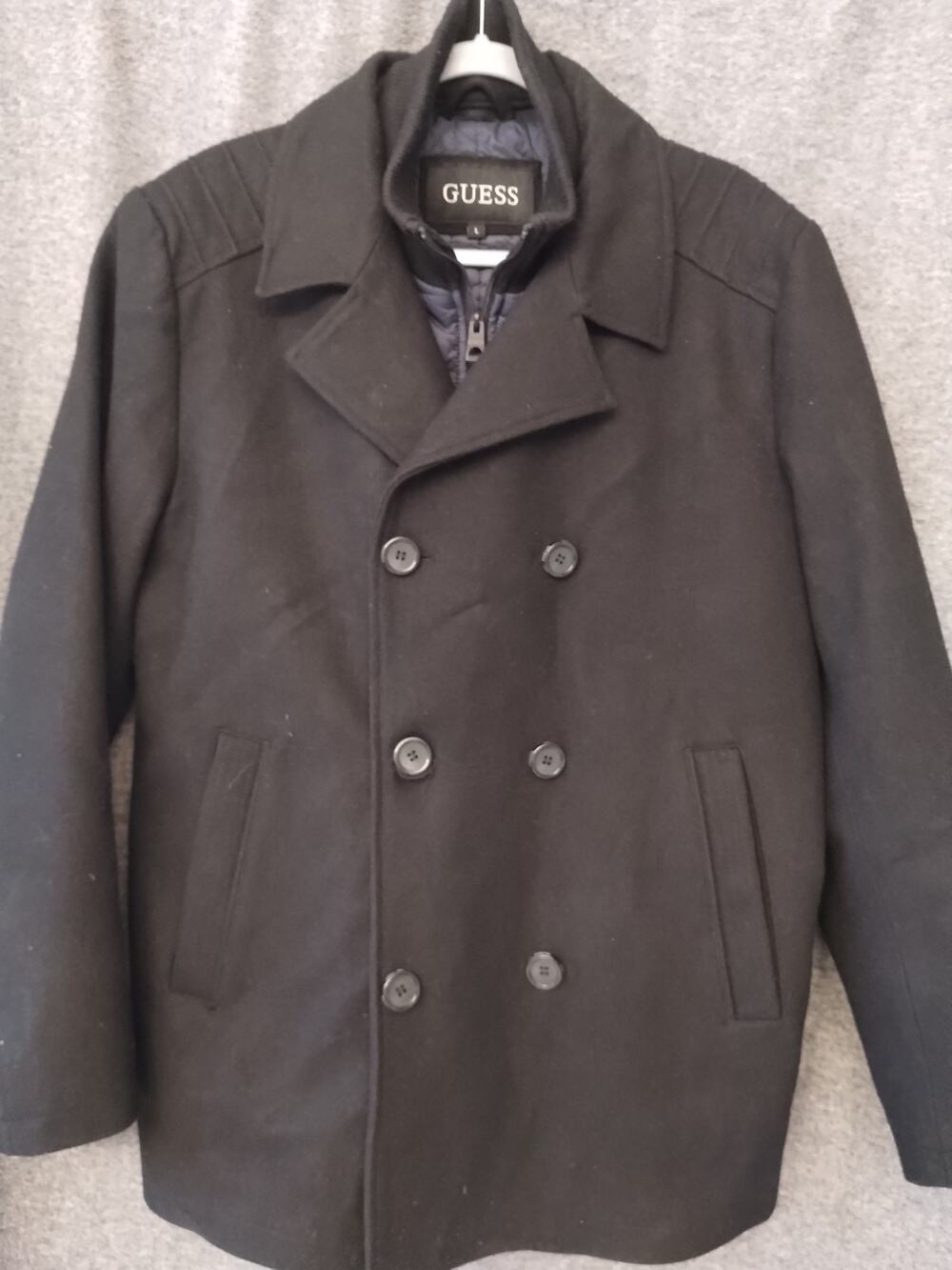 Men’s Black Guess Pea Coat - Wool Quilted Lined Jacket - Size Large